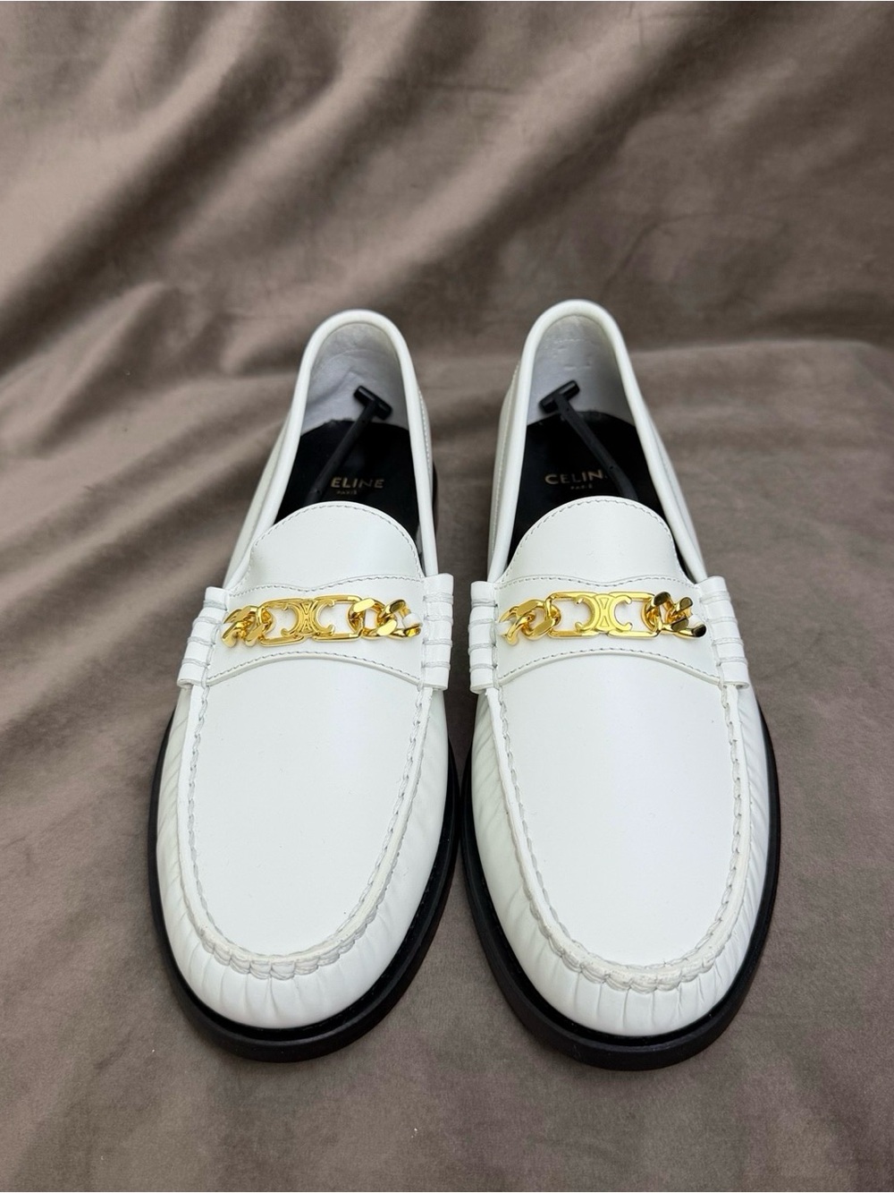 Celine White Leather Loafers with Gold Chain Accent - Picture 2 of 6